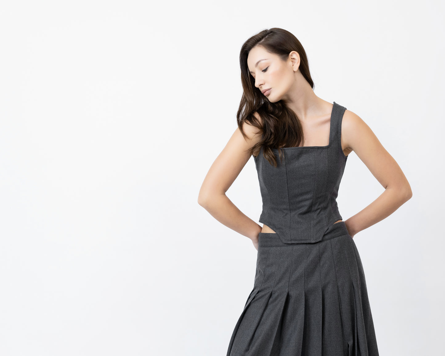 Wool Bustier Corset Top/ pleated Split Maxi Skirt