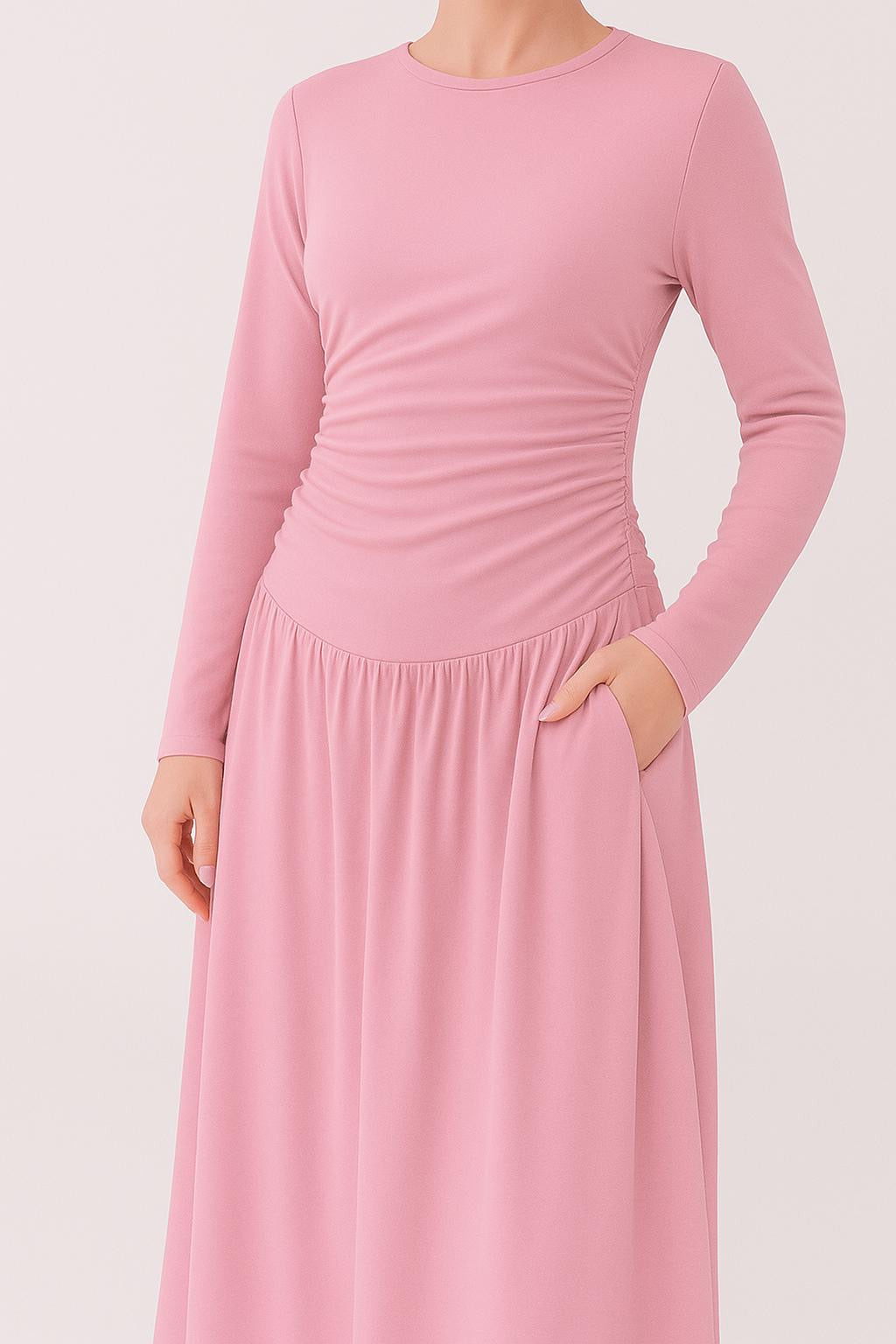 Long Sleeve Gathered Waist Dress