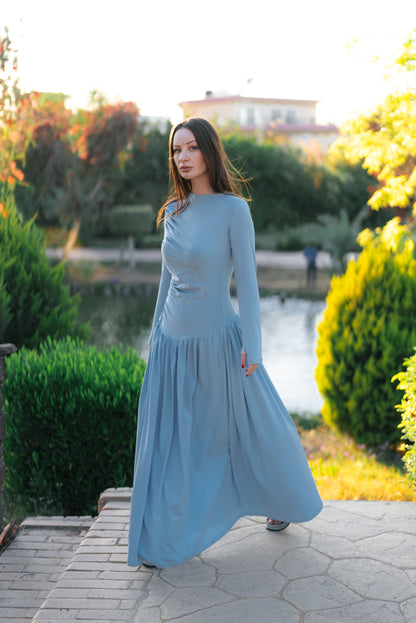Long Sleeve Gathered Waist Dress